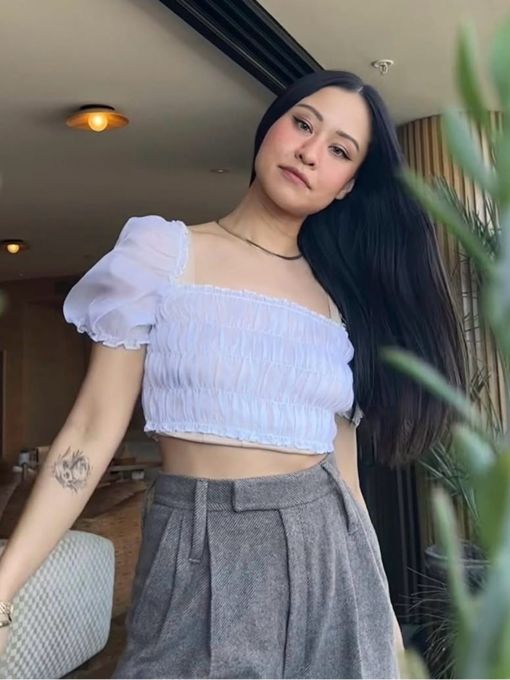 Willow White Smocked Puff-Sleeve Crop Top